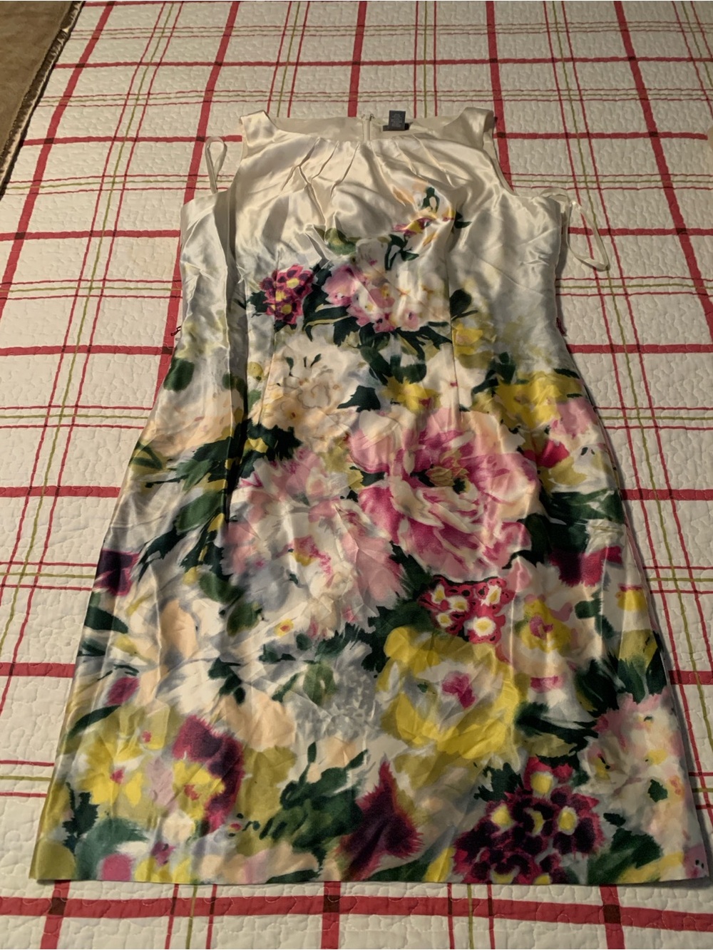 Ann Taylor Floral Satin Sheath Dress in Ivory with Pink & Yellow Flowers